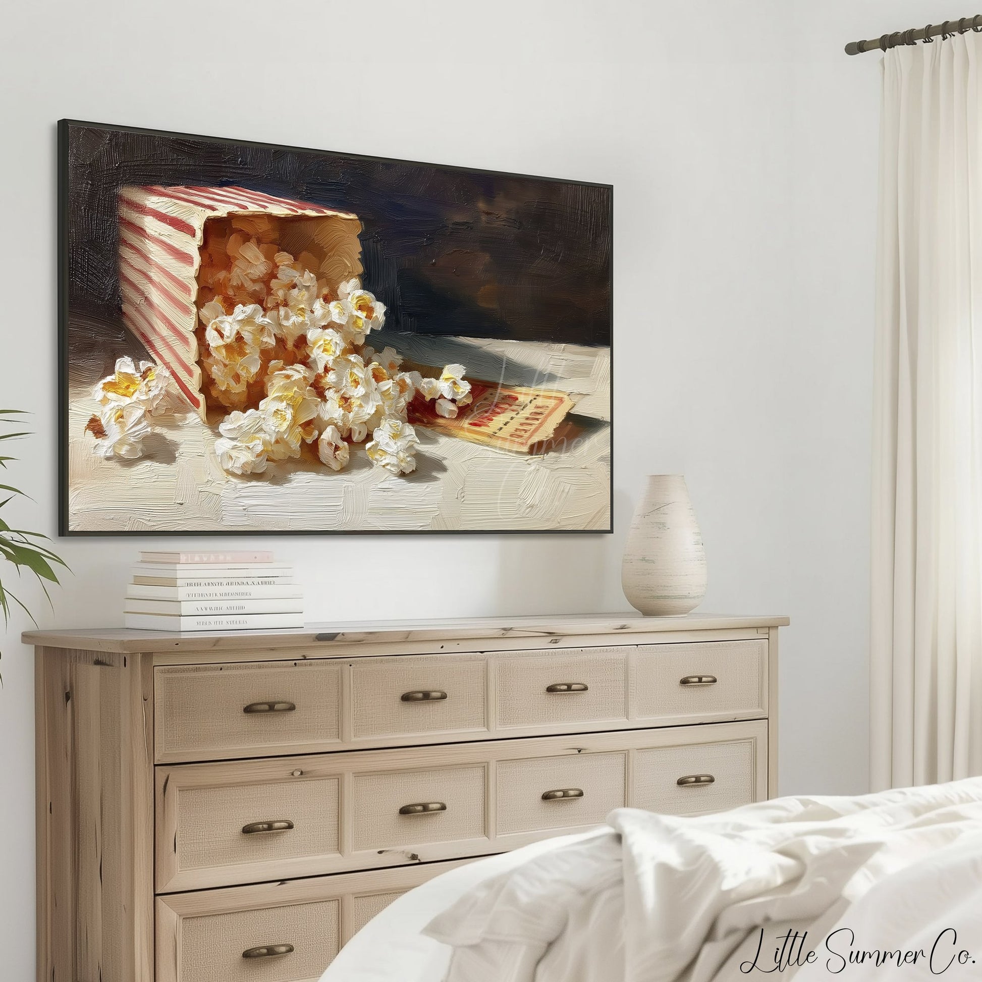 Popcorn and Movie Ticket Frame TV Art displayed on a TV