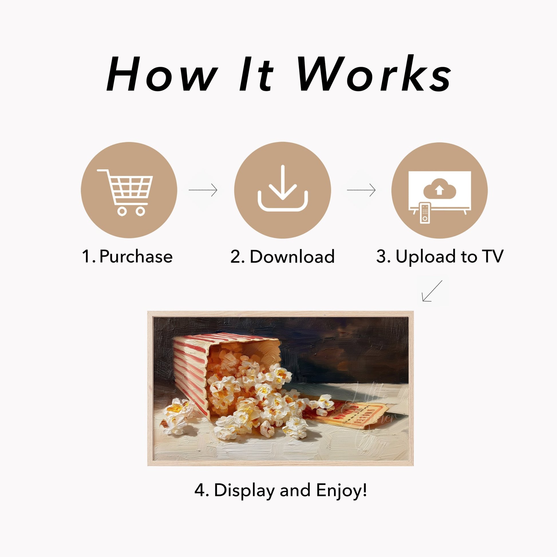 Popcorn and Movie Ticket Frame TV Art displayed on a TV