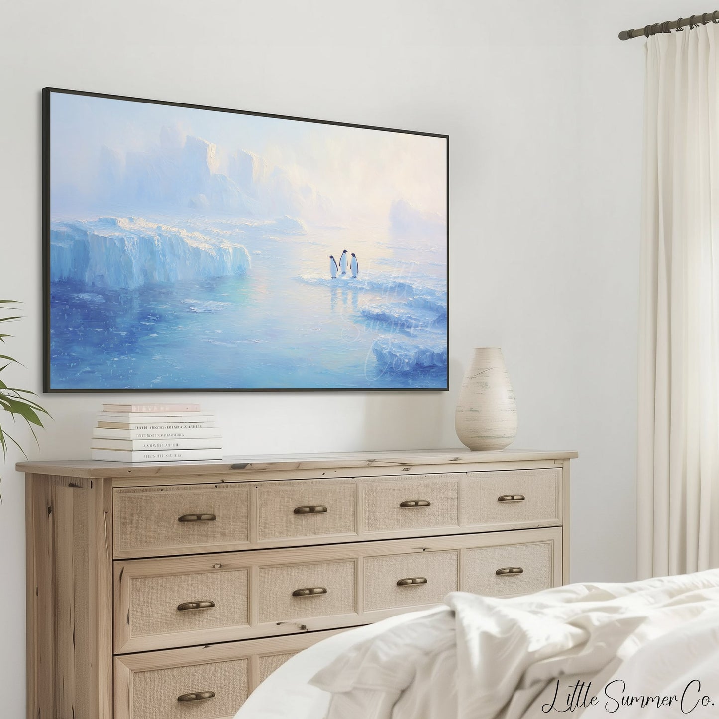 Penguins on Arctic Ice Frame TV Art displayed on a TV