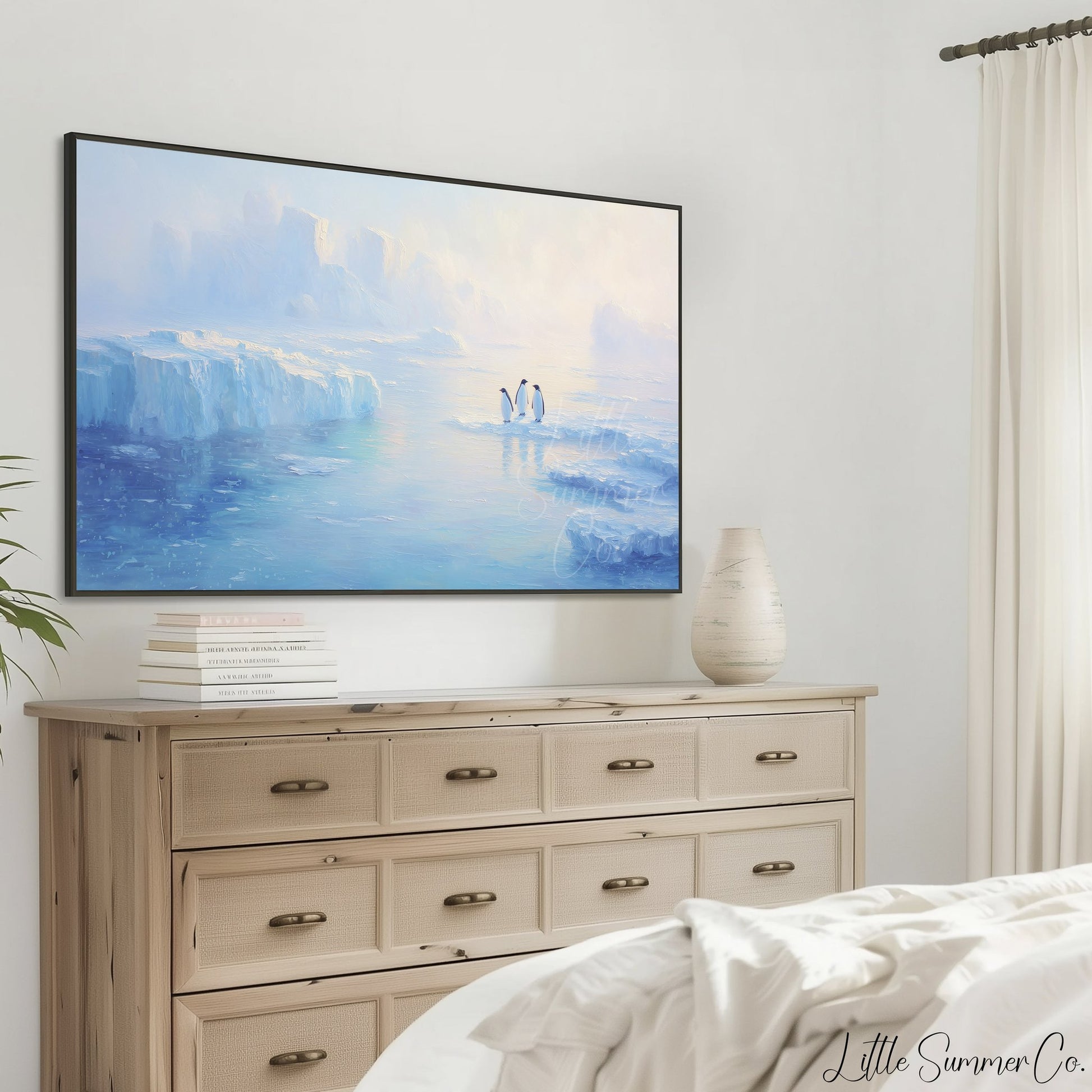 Penguins on Arctic Ice Frame TV Art displayed on a TV