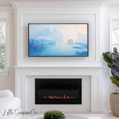 Penguins on Arctic Ice Frame TV Art displayed on a TV