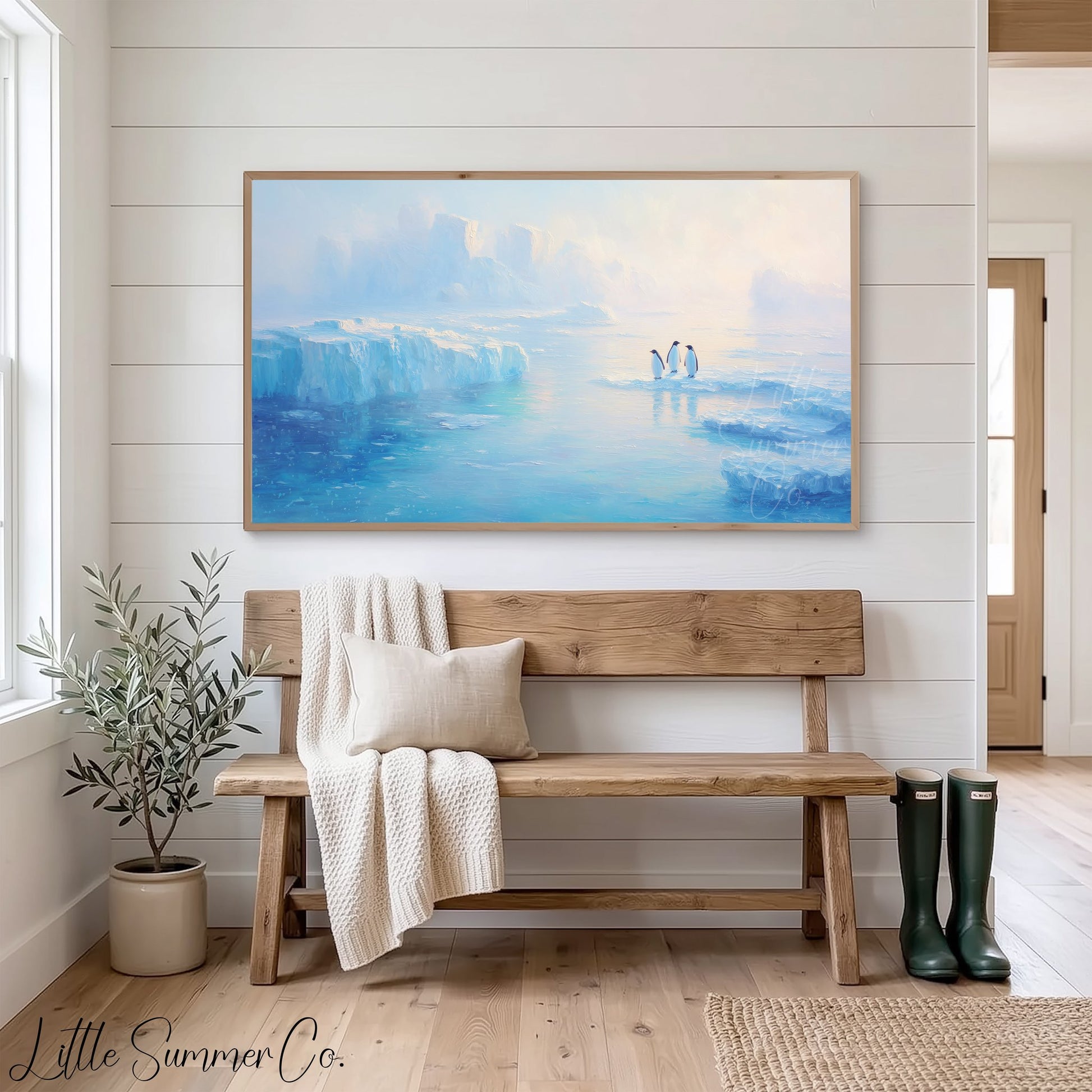 Penguins on Arctic Ice Frame TV Art displayed on a TV