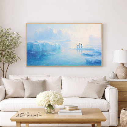 Penguins on Arctic Ice Frame TV Art displayed on a TV