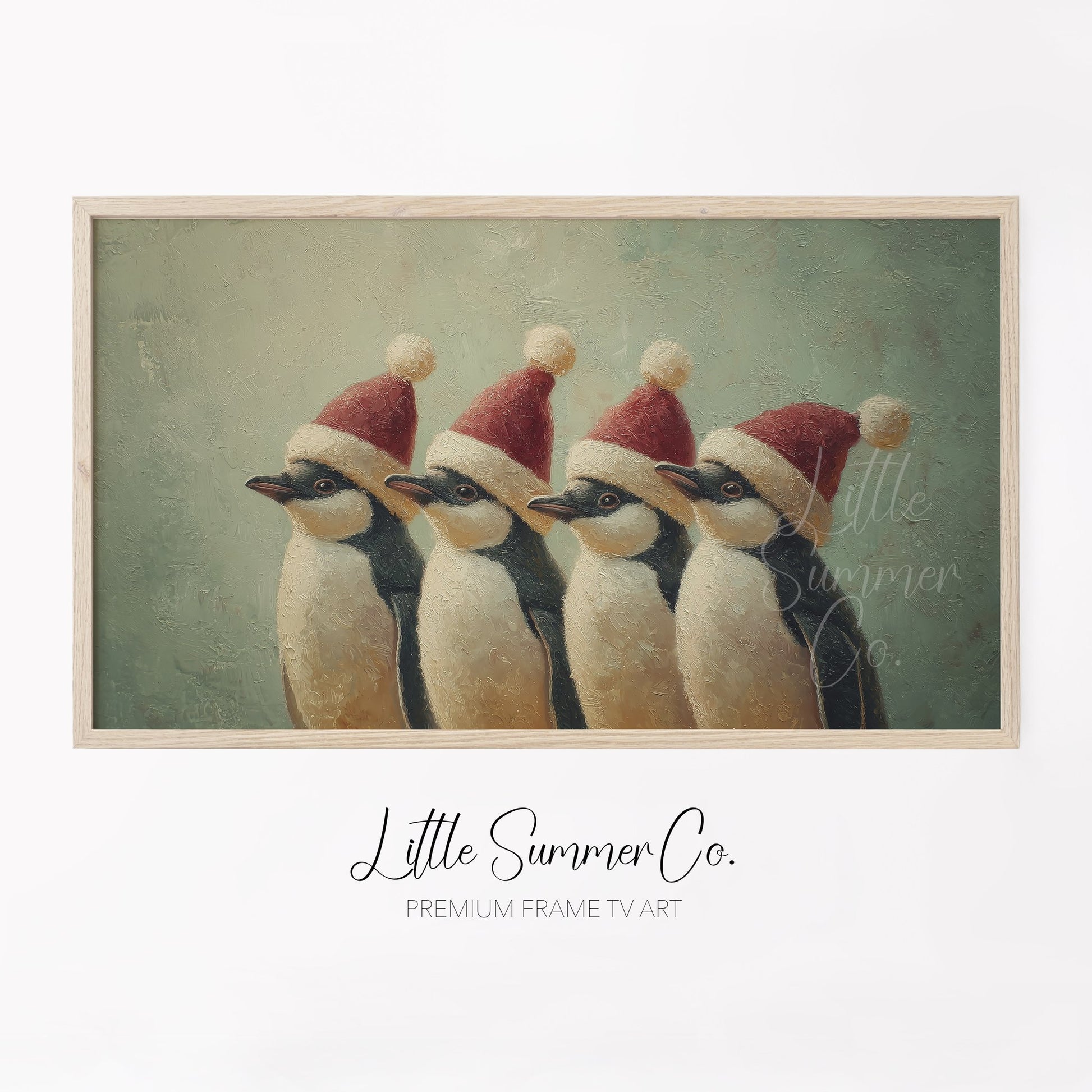 Penguins Wearing Santa Hats Frame TV Art displayed on a TV