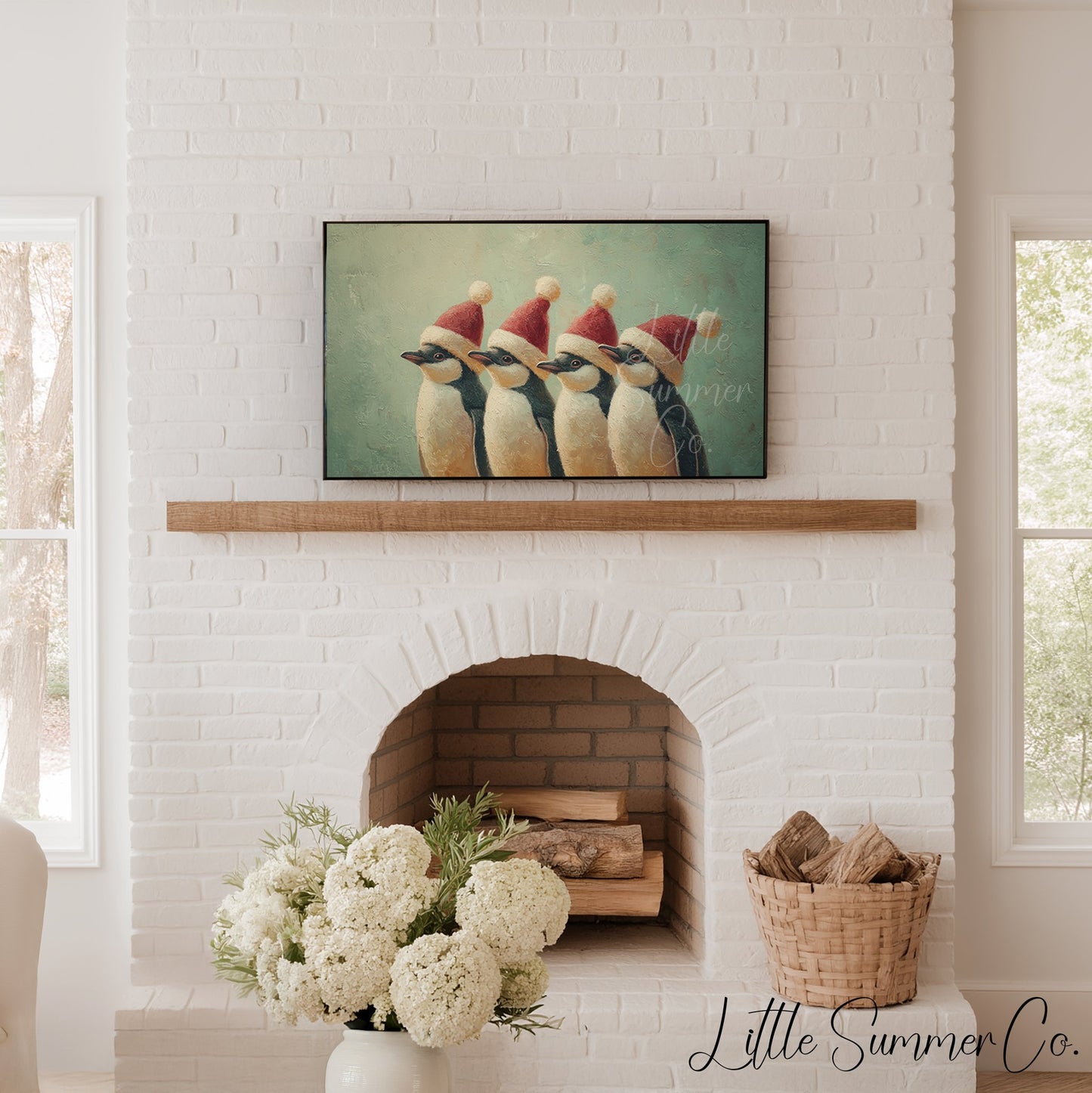 Penguins Wearing Santa Hats Frame TV Art displayed on a TV