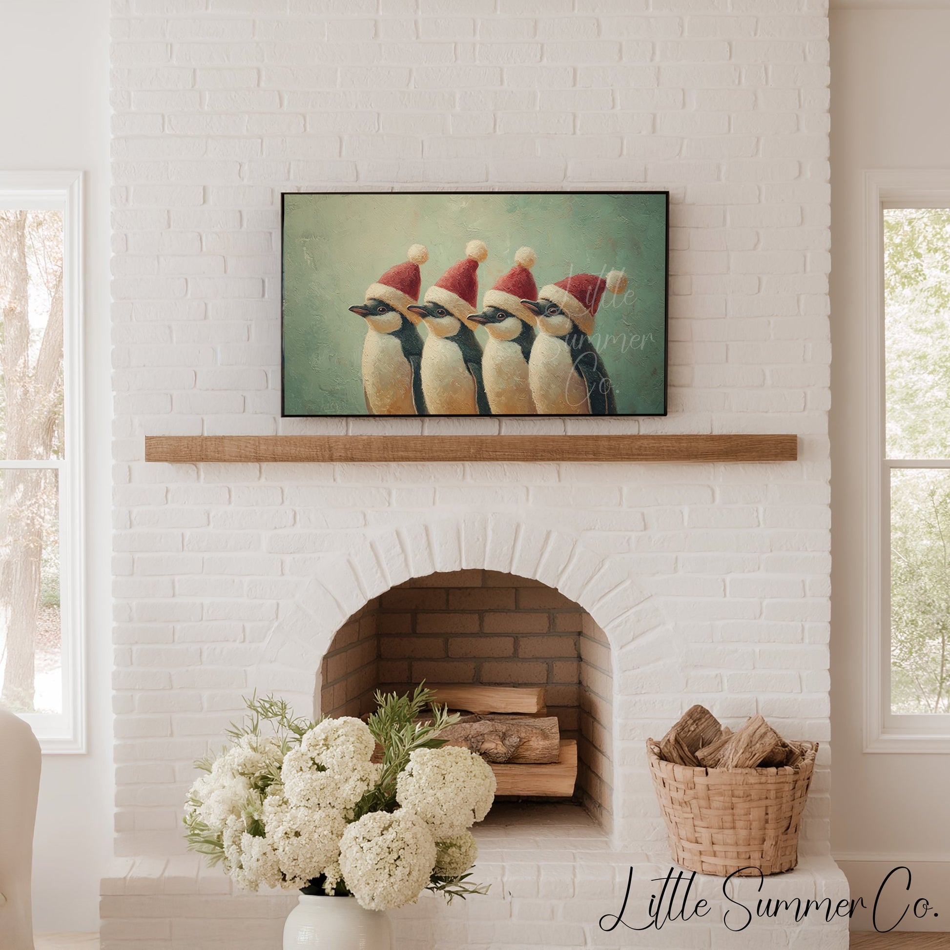 Penguins Wearing Santa Hats Frame TV Art displayed on a TV