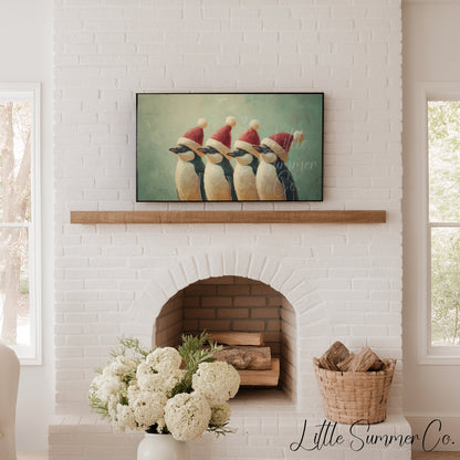 Penguins Wearing Santa Hats Frame TV Art displayed on a TV