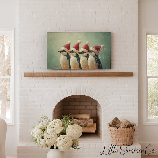 Penguins Wearing Santa Hats Frame TV Art displayed on a TV