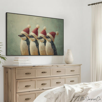 Penguins Wearing Santa Hats Frame TV Art displayed on a TV
