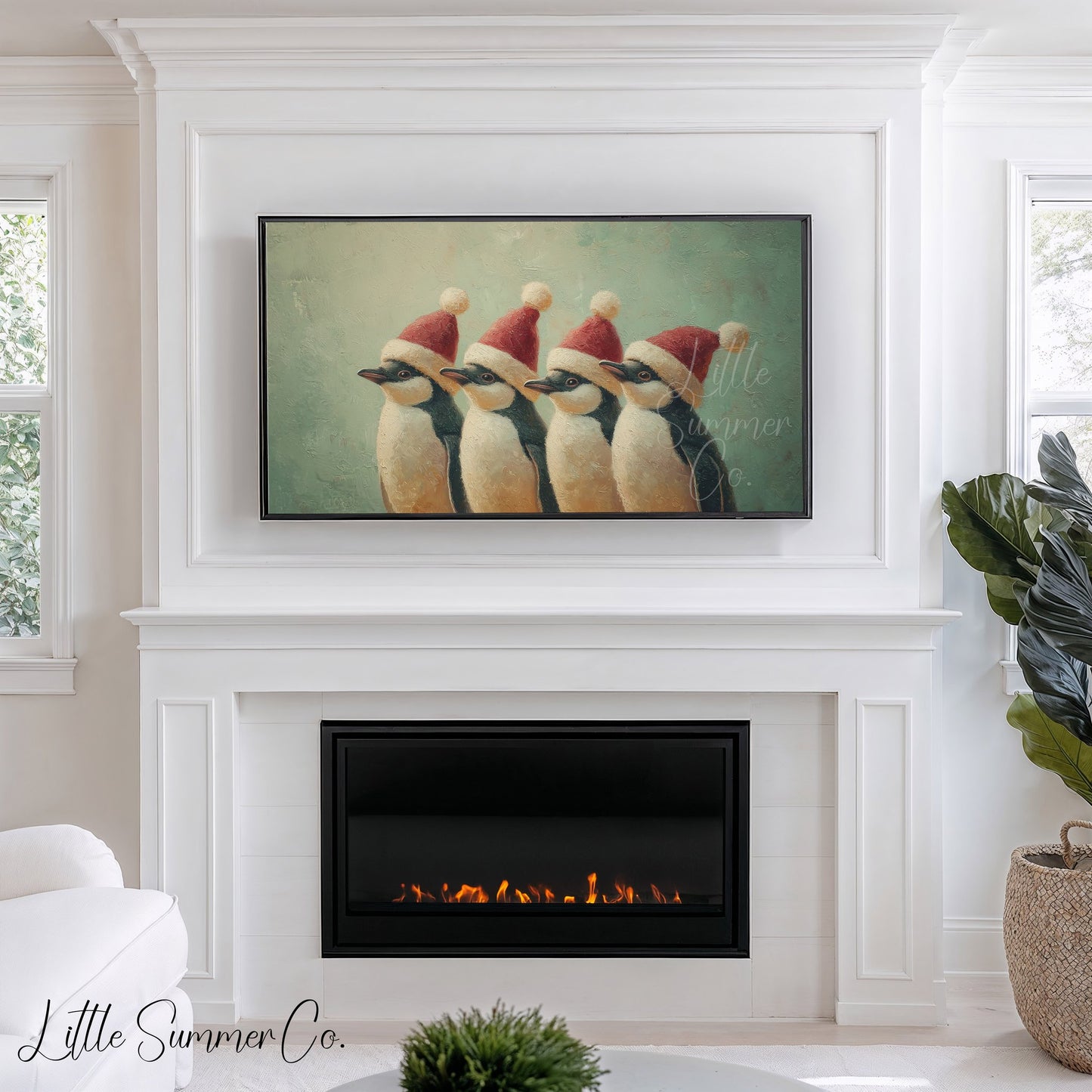 Penguins Wearing Santa Hats Frame TV Art displayed on a TV