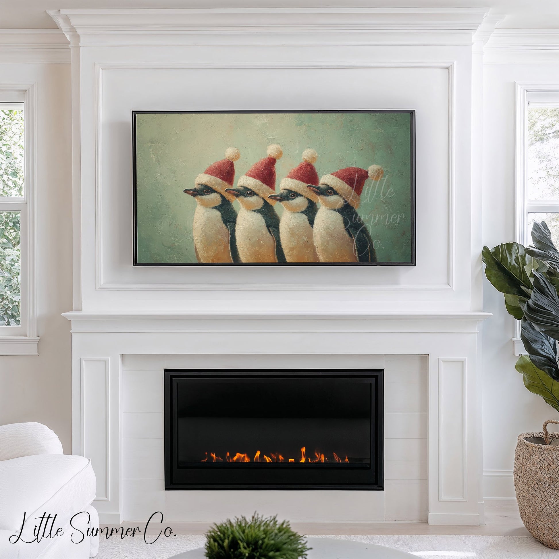 Penguins Wearing Santa Hats Frame TV Art displayed on a TV