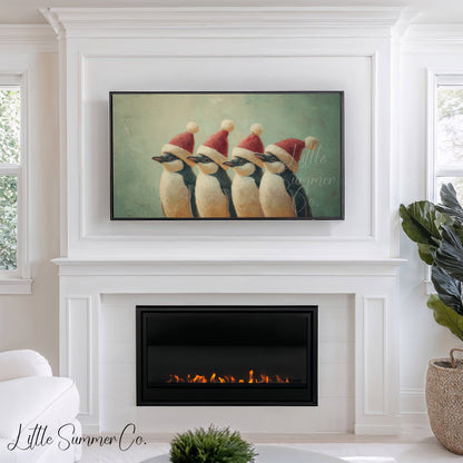 Penguins Wearing Santa Hats Frame TV Art displayed on a TV