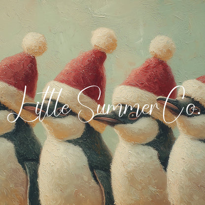 Penguins Wearing Santa Hats Frame TV Art displayed on a TV