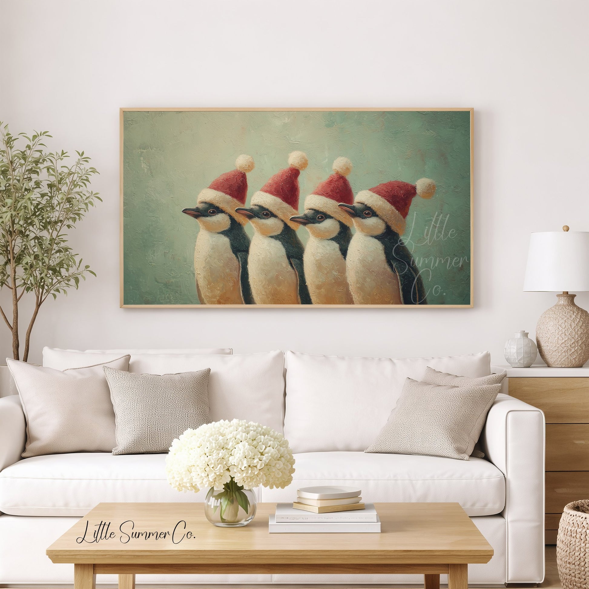 Penguins Wearing Santa Hats Frame TV Art displayed on a TV