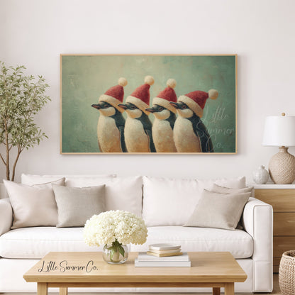 Penguins Wearing Santa Hats Frame TV Art displayed on a TV