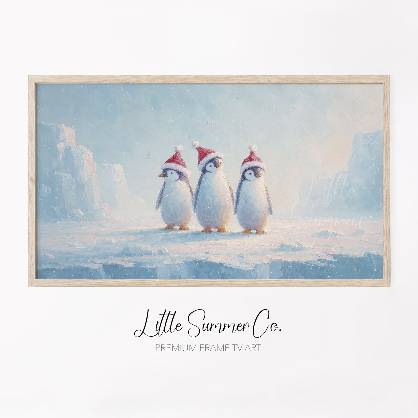 Penguins in Santa Hats Frame TV Art displayed on a TV