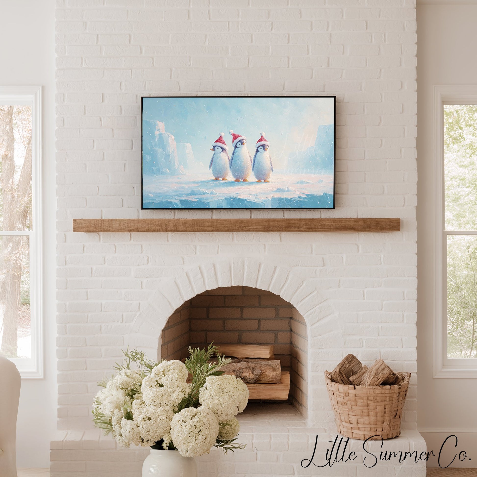 Penguins in Santa Hats Frame TV Art displayed on a TV