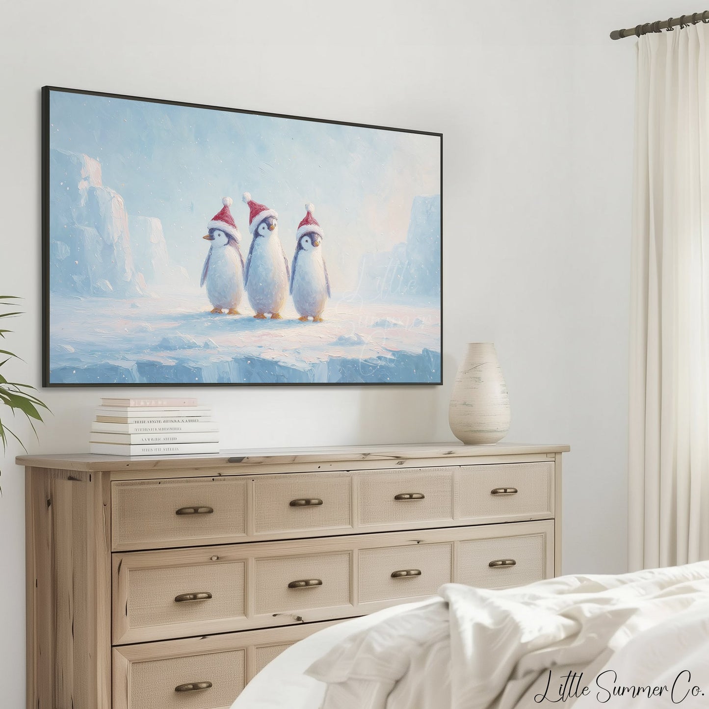 Penguins in Santa Hats Frame TV Art displayed on a TV