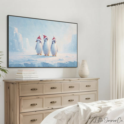 Penguins in Santa Hats Frame TV Art displayed on a TV