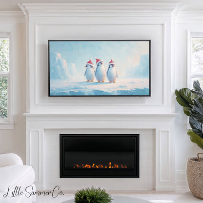 Penguins in Santa Hats Frame TV Art displayed on a TV