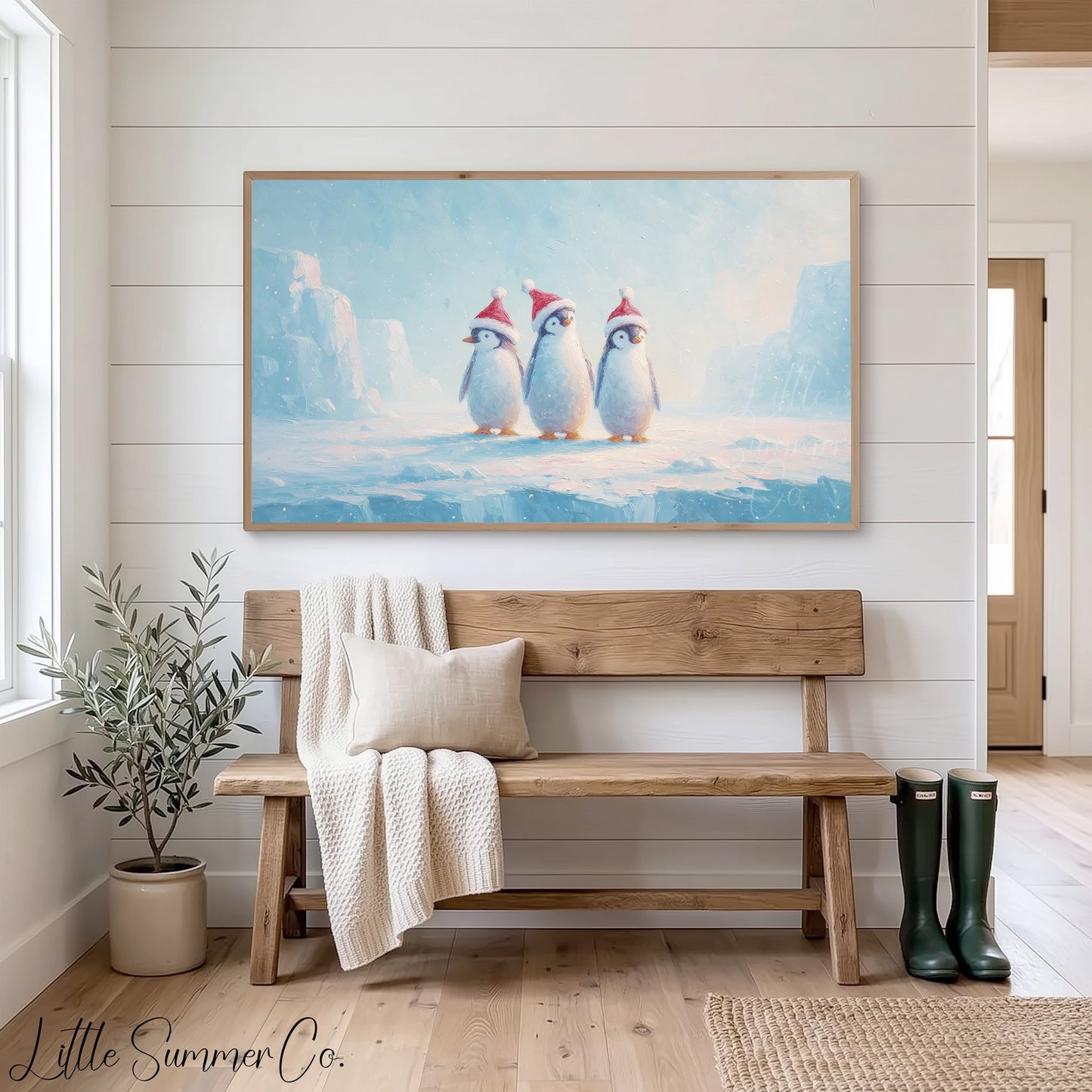 Penguins in Santa Hats Frame TV Art displayed on a TV