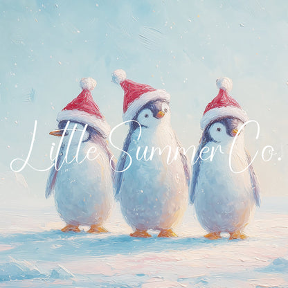 Penguins in Santa Hats Frame TV Art displayed on a TV