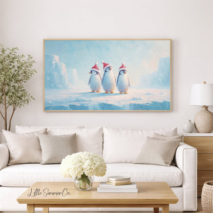 Penguins in Santa Hats Frame TV Art displayed on a TV