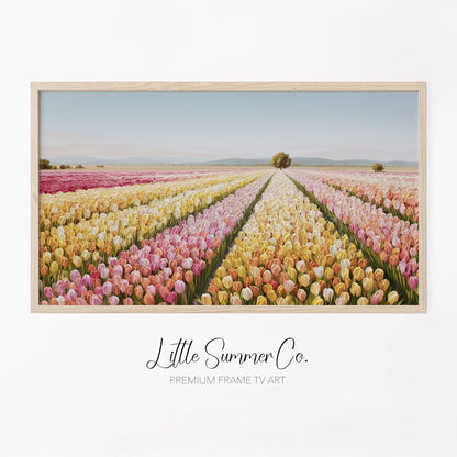 Colourful Tulip Field with Tree Frame TV Art displayed on a TV
