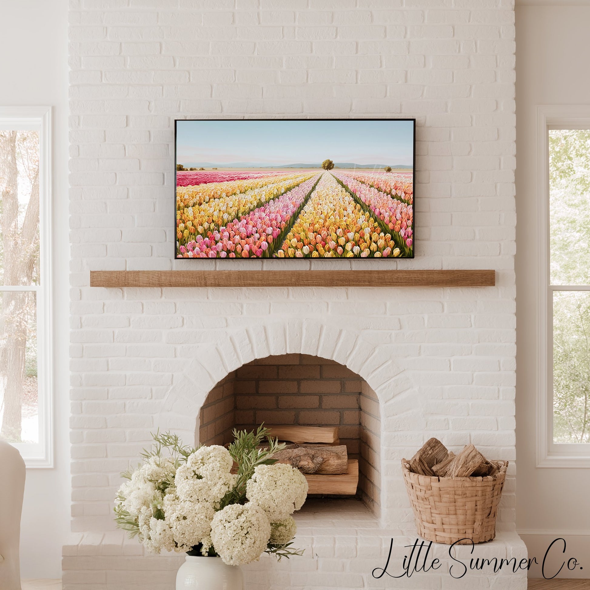 Colourful Tulip Field with Tree Frame TV Art displayed on a TV