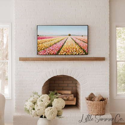 Colourful Tulip Field with Tree Frame TV Art displayed on a TV