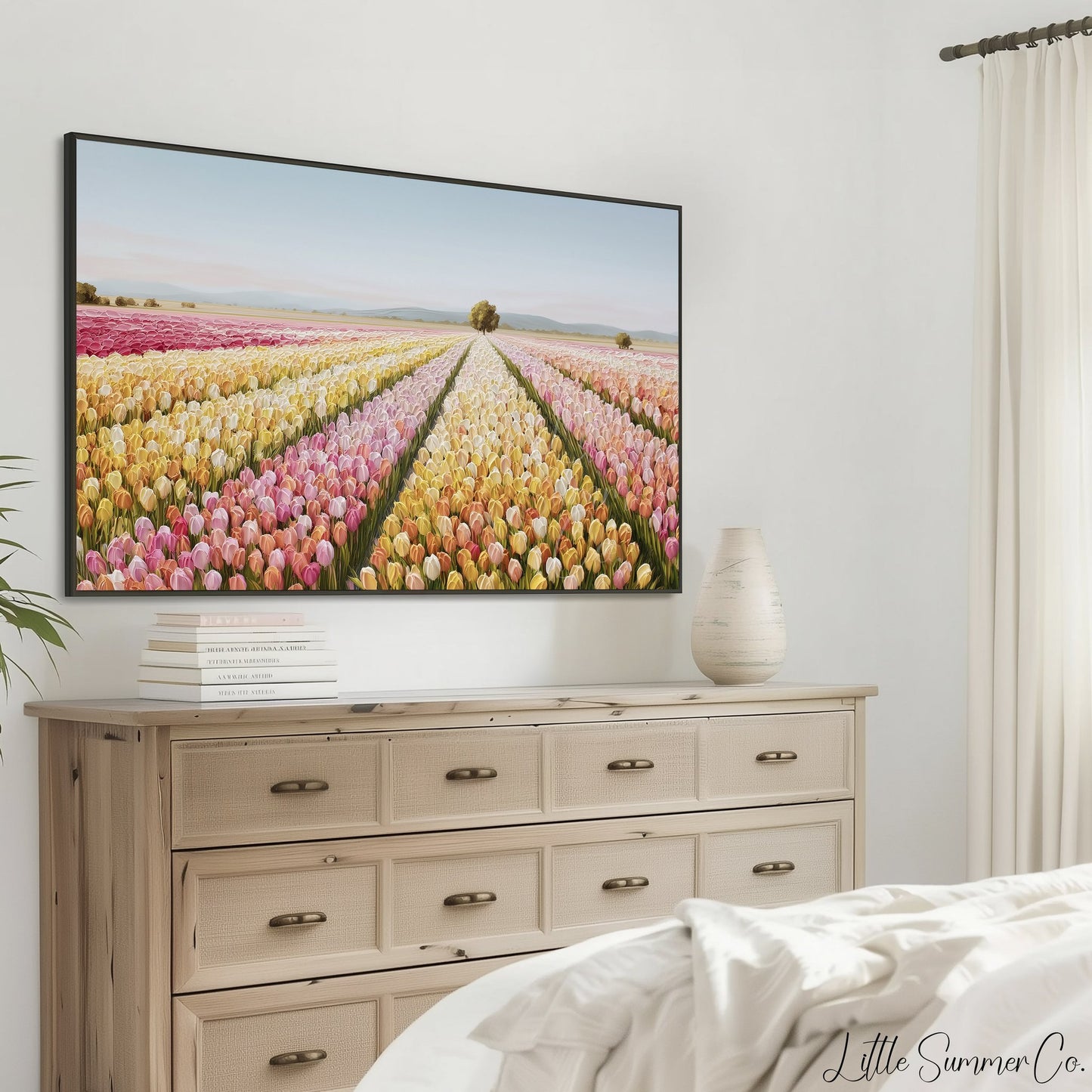 Colourful Tulip Field with Tree Frame TV Art displayed on a TV