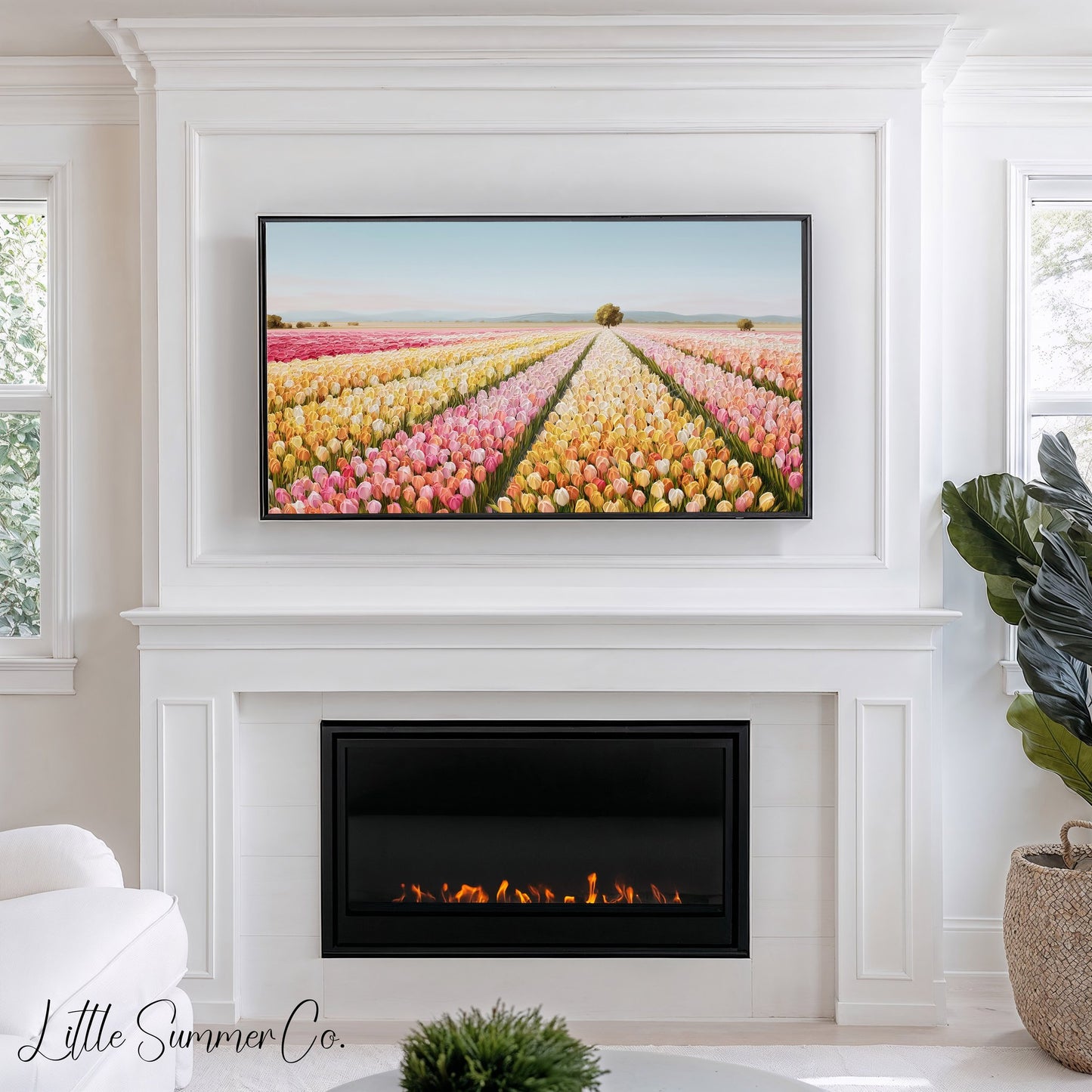 Colourful Tulip Field with Tree Frame TV Art displayed on a TV