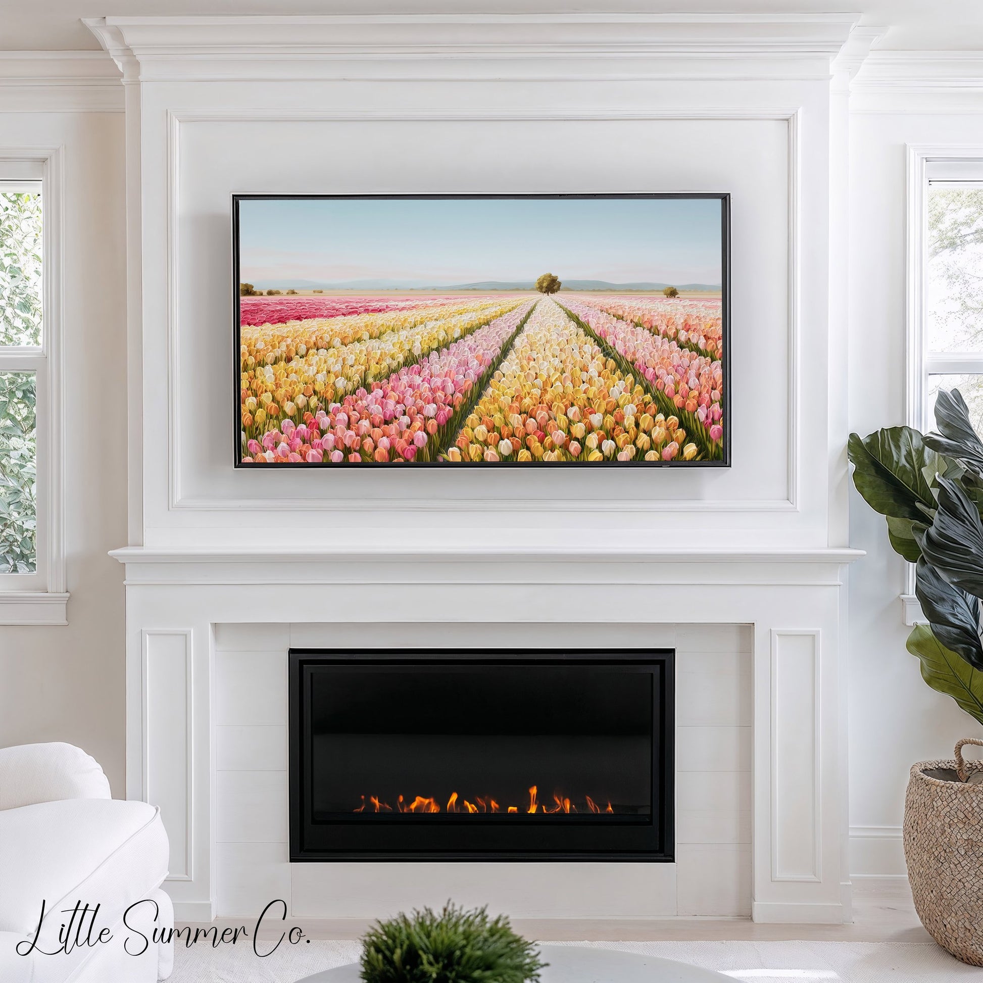 Colourful Tulip Field with Tree Frame TV Art displayed on a TV