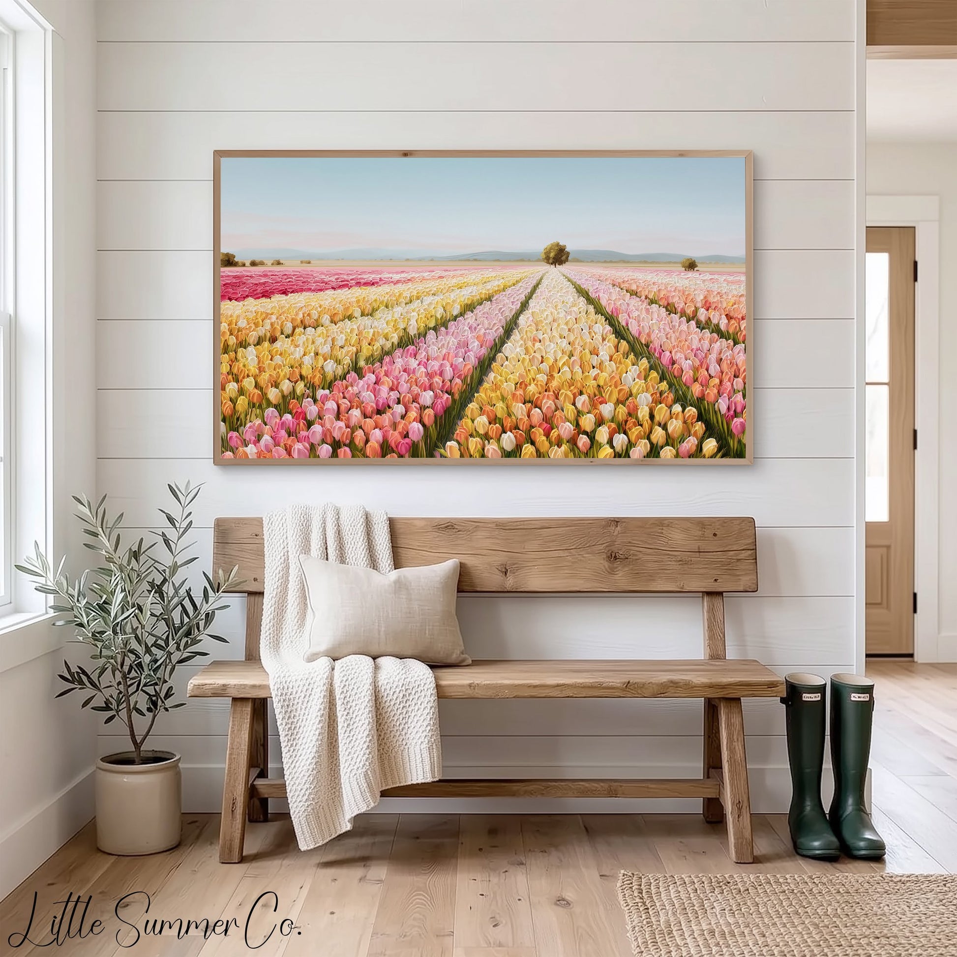Colourful Tulip Field with Tree Frame TV Art displayed on a TV