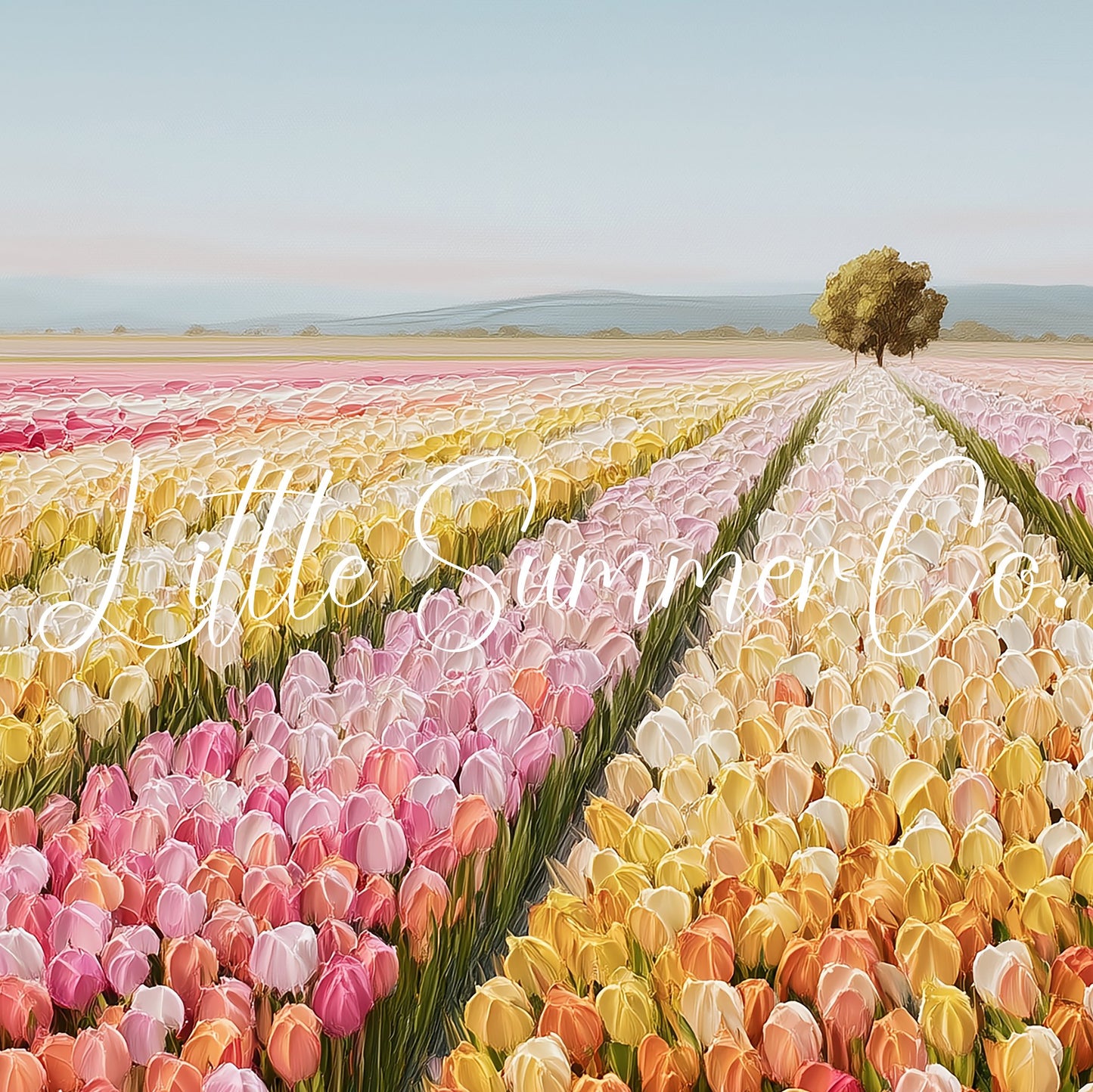 Colourful Tulip Field with Tree Frame TV Art displayed on a TV
