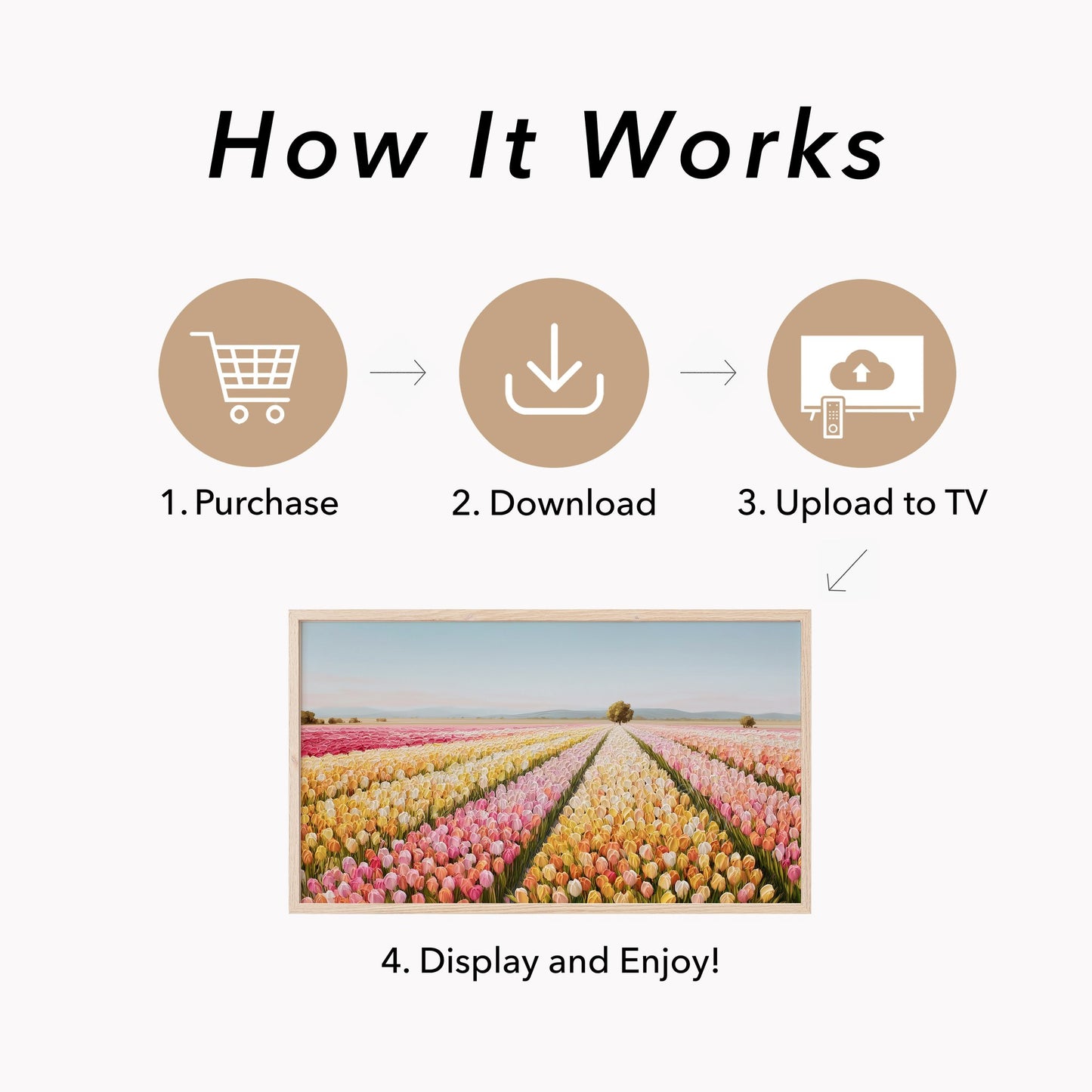 Colourful Tulip Field with Tree Frame TV Art displayed on a TV