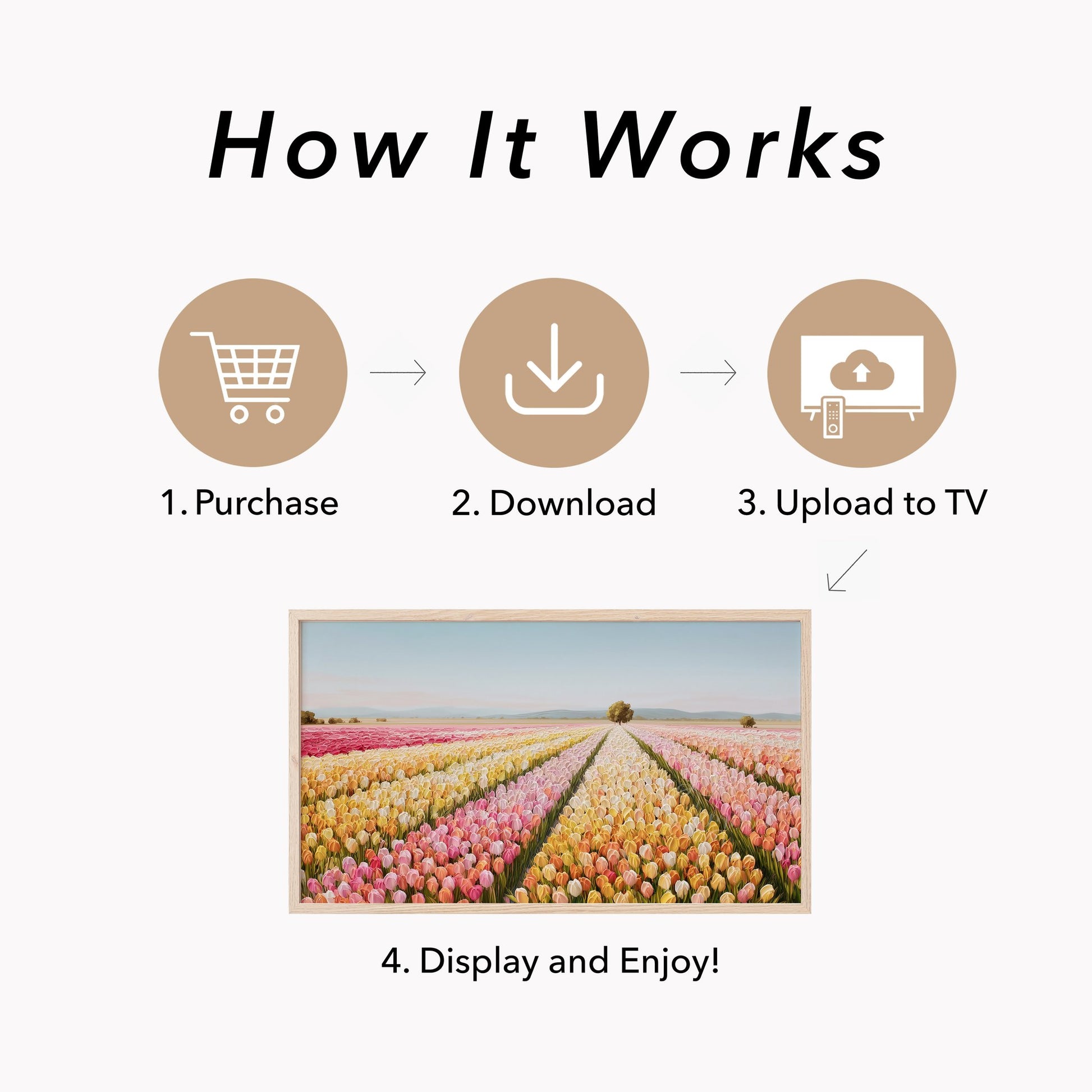 Colourful Tulip Field with Tree Frame TV Art displayed on a TV