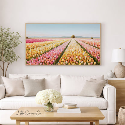 Colourful Tulip Field with Tree Frame TV Art displayed on a TV