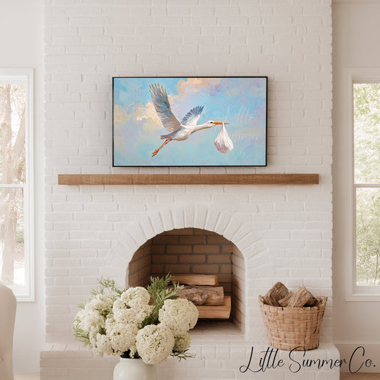 Stork Delivering Baby Bundle Frame TV Art displayed on a TV