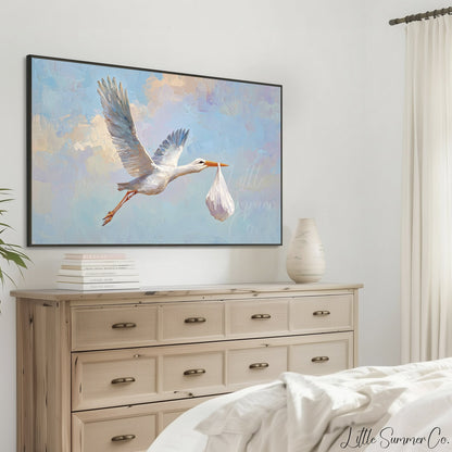 Stork Delivering Baby Bundle Frame TV Art displayed on a TV
