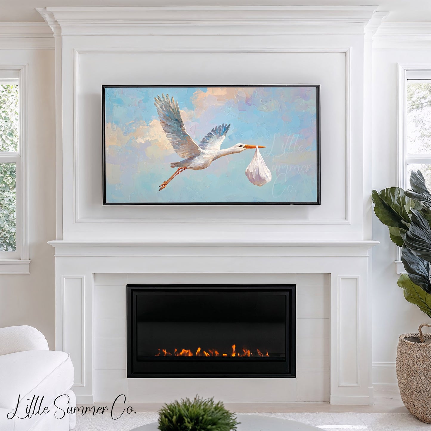 Stork Delivering Baby Bundle Frame TV Art displayed on a TV