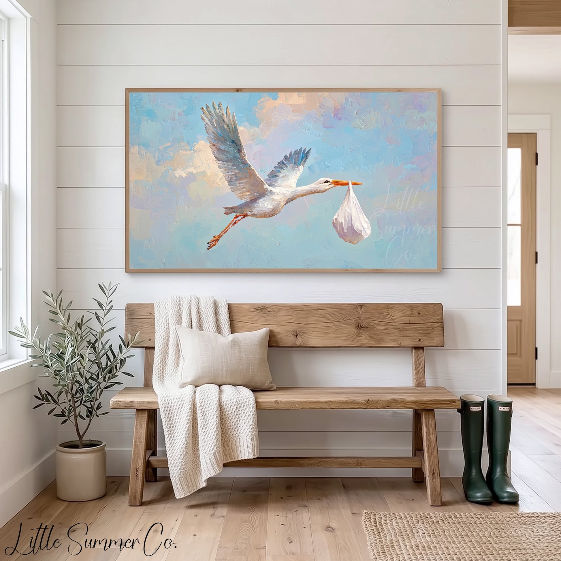 Stork Delivering Baby Bundle Frame TV Art displayed on a TV