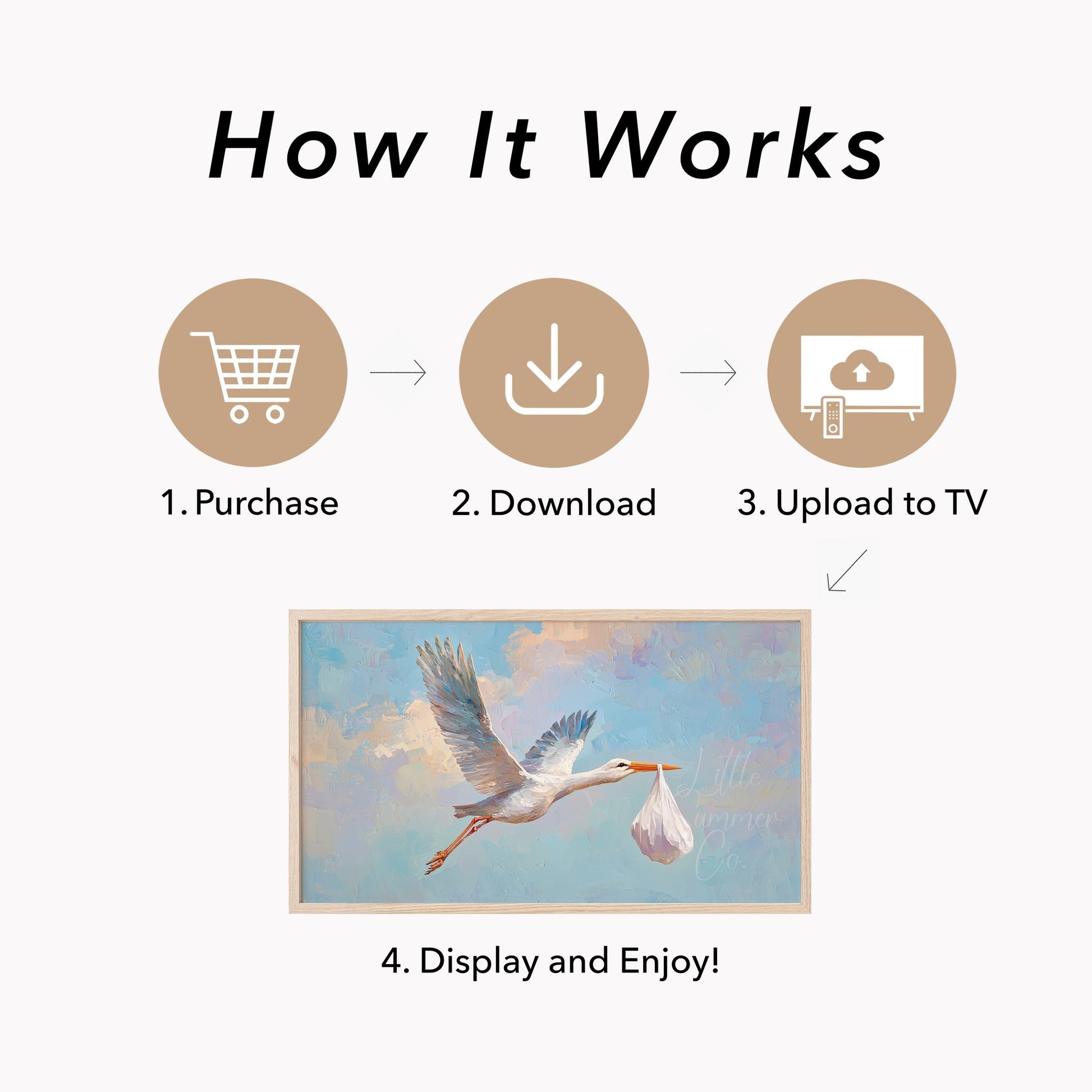 Stork Delivering Baby Bundle Frame TV Art displayed on a TV