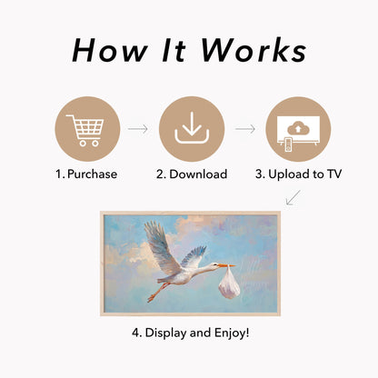 Stork Delivering Baby Bundle Frame TV Art displayed on a TV