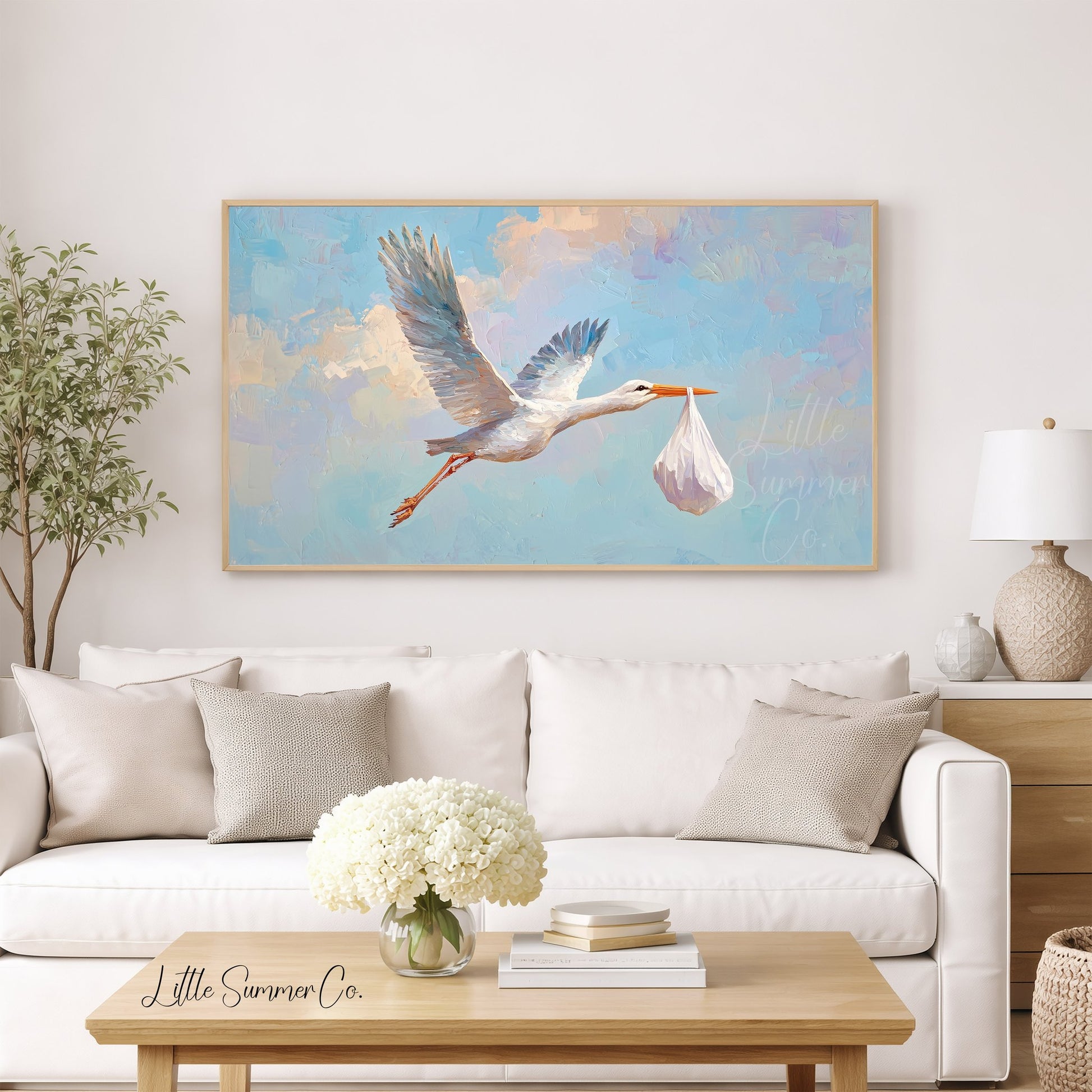 Stork Delivering Baby Bundle Frame TV Art displayed on a TV