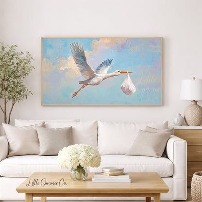 Stork Delivering Baby Bundle Frame TV Art displayed on a TV