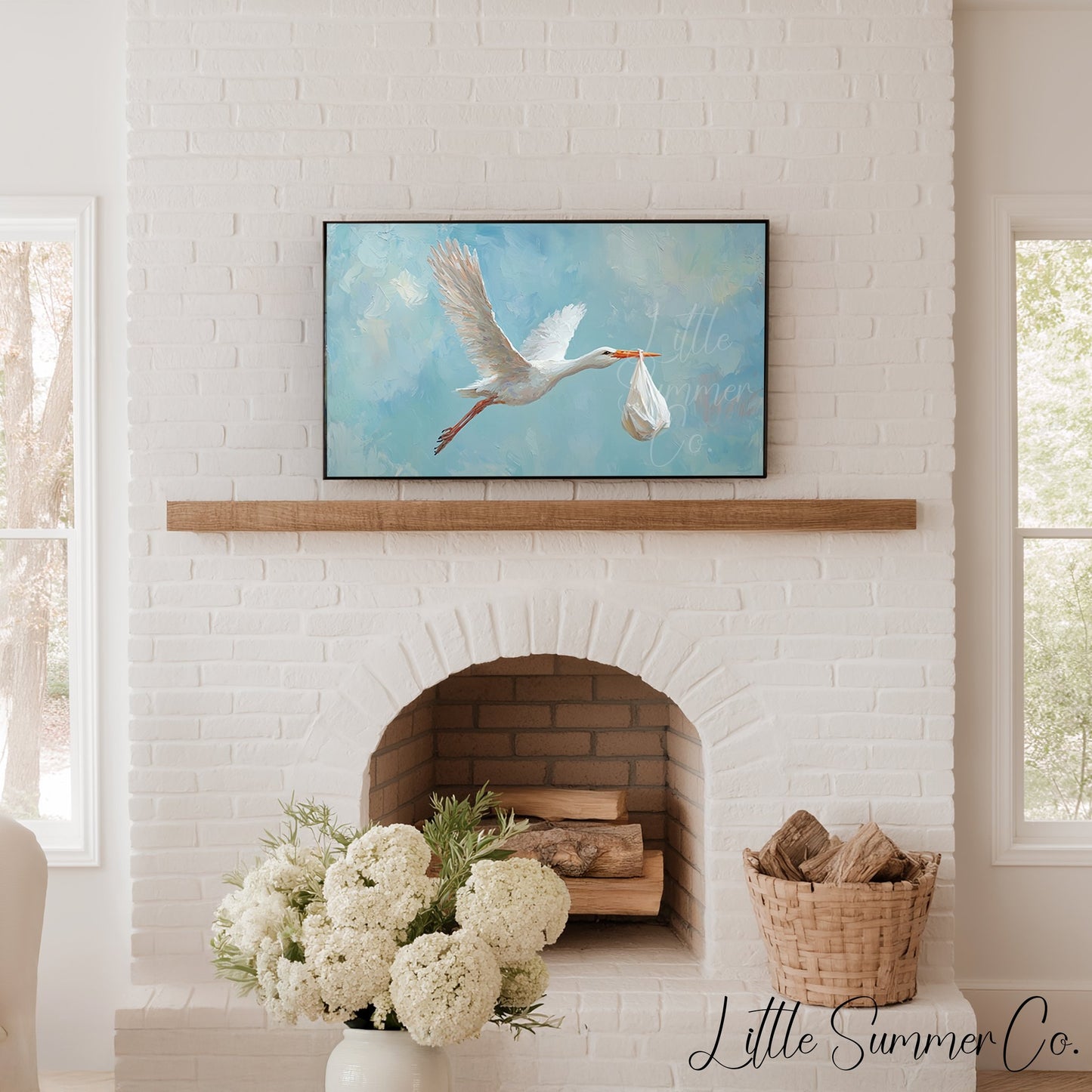 Stork Carrying Baby Frame TV Art displayed on a TV