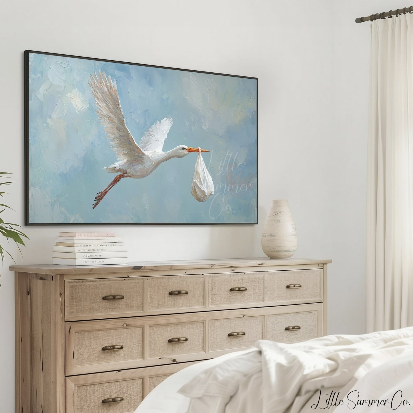 Stork Carrying Baby Frame TV Art displayed on a TV