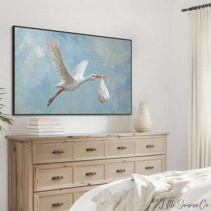 Stork Carrying Baby Frame TV Art displayed on a TV