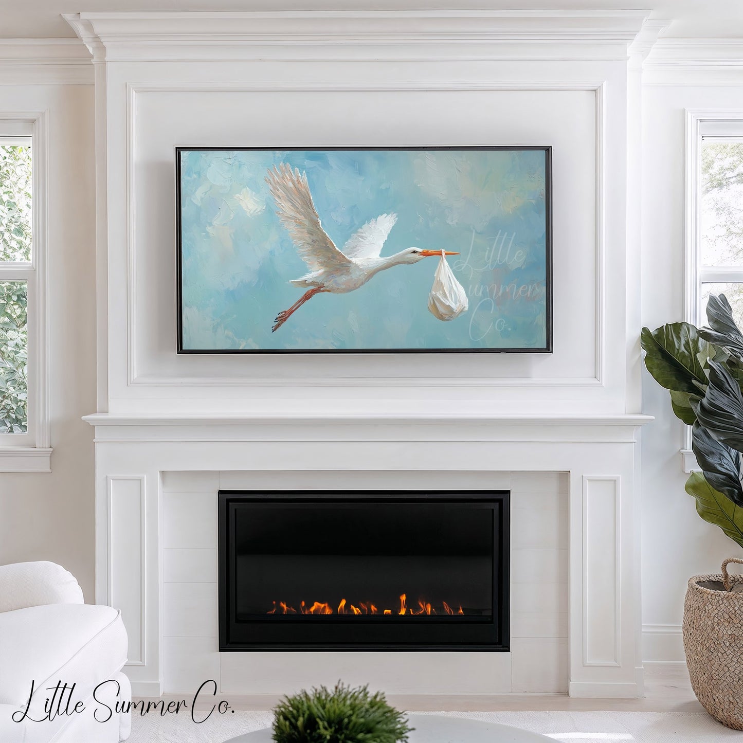 Stork Carrying Baby Frame TV Art displayed on a TV